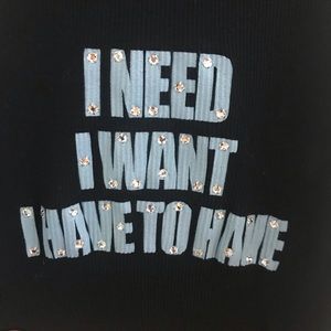 I Need I Want I Have to Have bejeweled ribbed tank